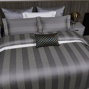 Grey Blue Luxury Long Striped Jacquard Duvet Cover Set, 1000TC Egyptian Cotton Bedding Set